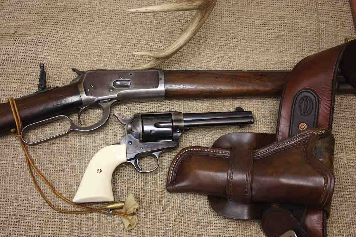 Harvey’s Colt .44-40 Frontier Six Shooter  was made in 1903, and author has used it to also take deer. The holster pictured was made by Harvey specifically for his old Colt.